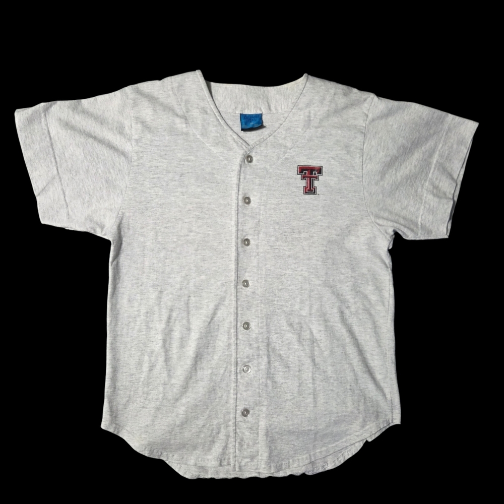 Vtg Texas Tech Baseball Jersey Logo Button-Up Gray USA Medium Heron Bay Shirt - Picture 2 of 8